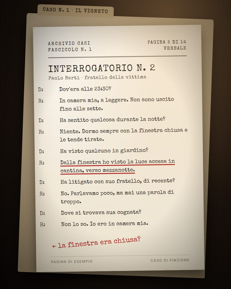 Pagina di esempio: verbale di interrogatorio con una frase sottolineata in rosso