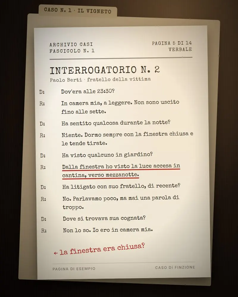 Pagina di esempio: verbale di interrogatorio con una frase sottolineata in rosso